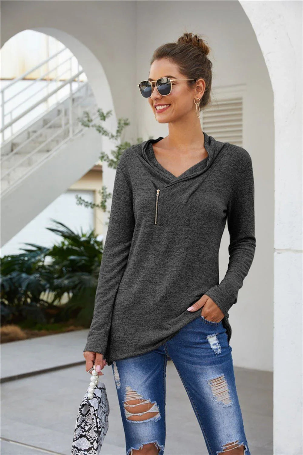 Zip Detail Long Sleeve Top - VILLA FASHION